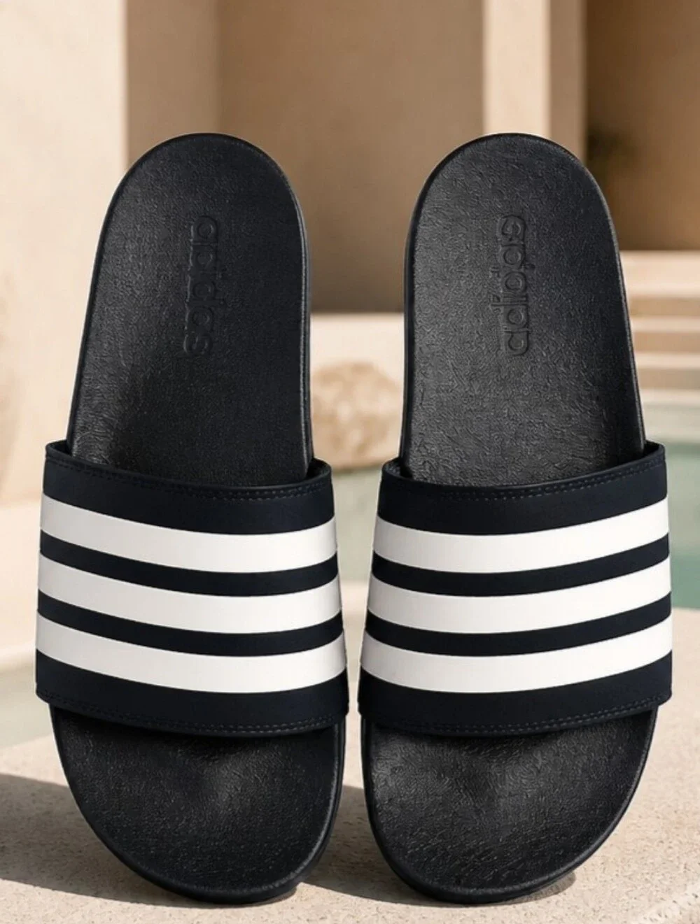 Adidas Adilette Men's Comfort Slides, Navy/White Stripes, Size 10 NWB